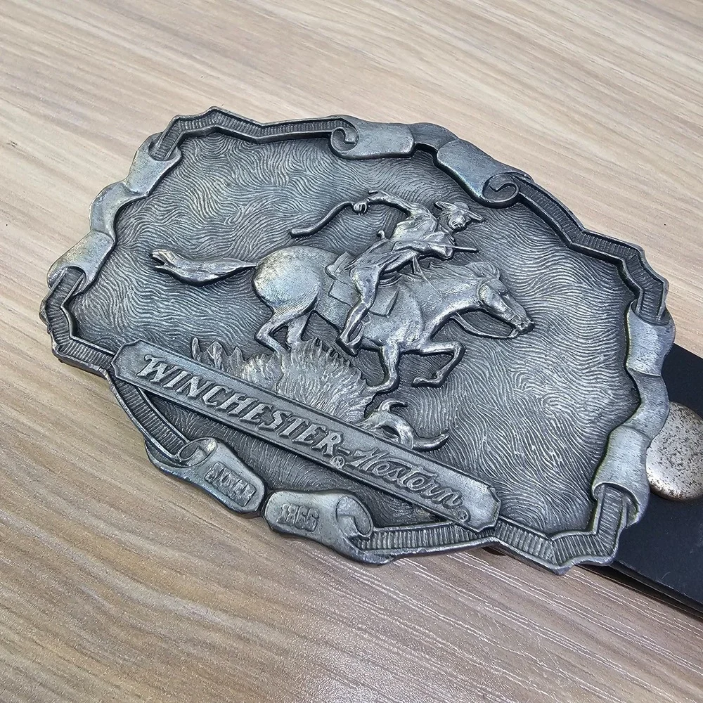 Mens Leather Work Belt 32 S Black 80s Winchester Western Heavy Buckle Pony Rodeo